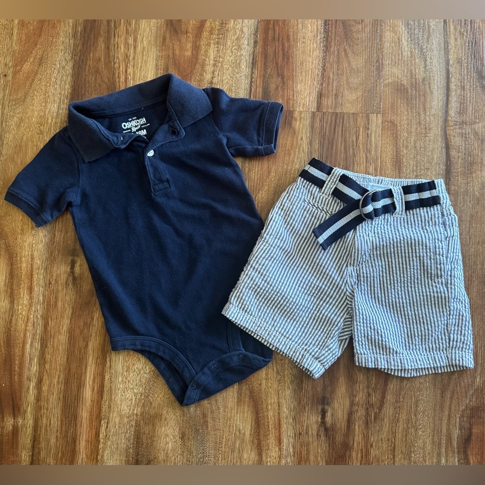 Two Piece Set, Boys Oshkosh B’Gosh Onesie and Old Navy Shorts, Size 12-18 Months